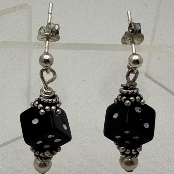 Playful Mini Black Dice Shaped Dangle Earrings Las Vegas Motif Casino Vacation - Picture 2 of 3
